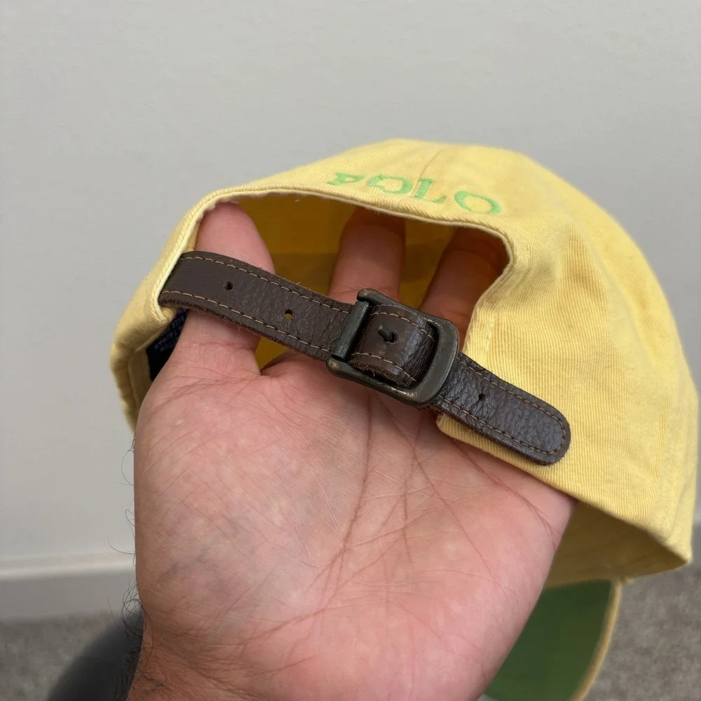 Vintage Polo Ralph Lauren Yellow Cap‎ Hat OS Adjustable Leather Strap Green Pony